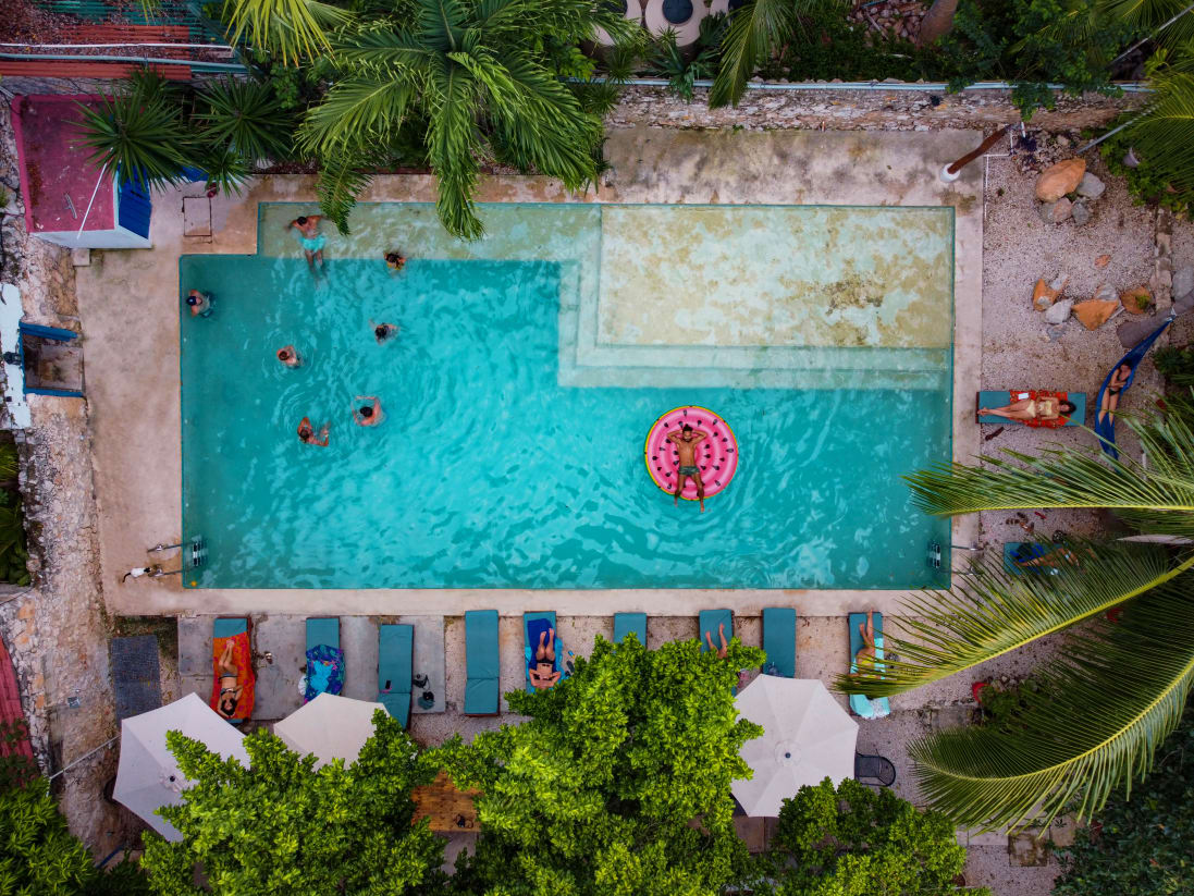 guests swimming in Nomadas Merida Hostel pool